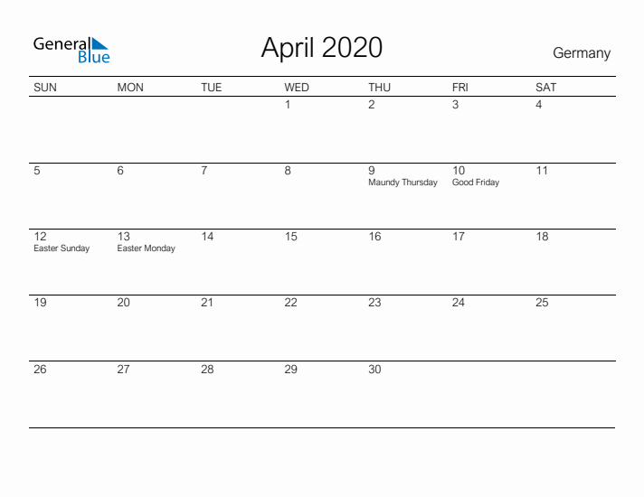 Printable April 2020 Calendar for Germany