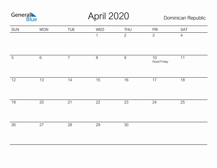 Printable April 2020 Calendar for Dominican Republic