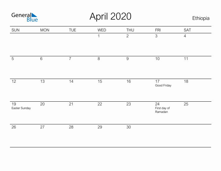 Printable April 2020 Calendar for Ethiopia