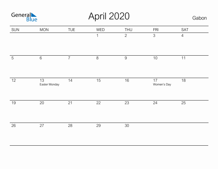 Printable April 2020 Calendar for Gabon