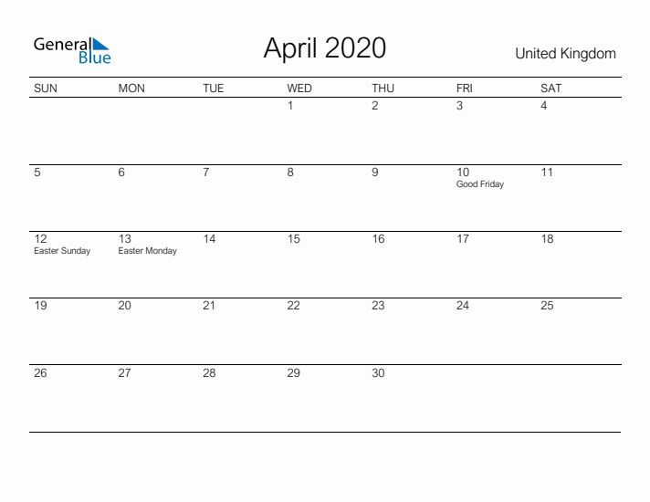 Printable April 2020 Calendar for United Kingdom
