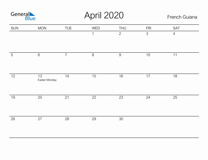 Printable April 2020 Calendar for French Guiana