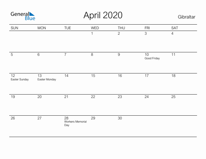 Printable April 2020 Calendar for Gibraltar
