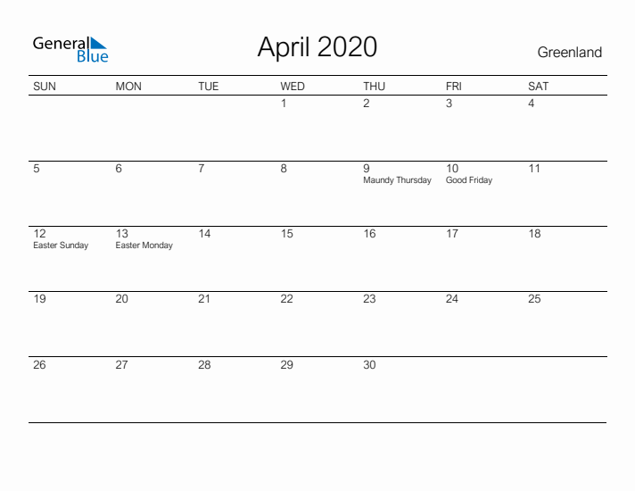 Printable April 2020 Calendar for Greenland