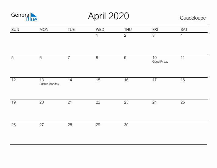 Printable April 2020 Calendar for Guadeloupe