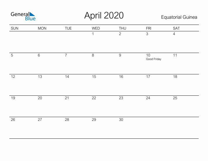 Printable April 2020 Calendar for Equatorial Guinea