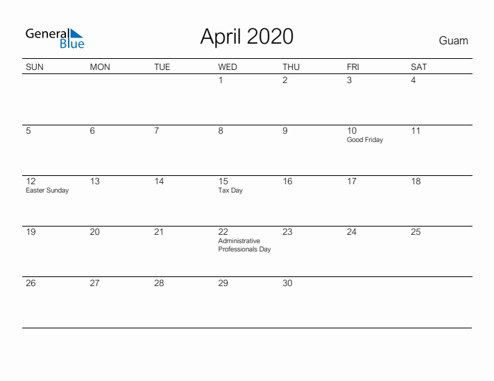 Printable April 2020 Calendar for Guam