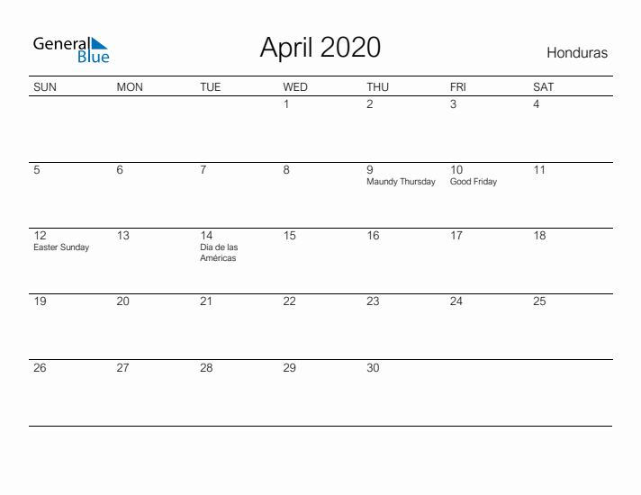 Printable April 2020 Calendar for Honduras