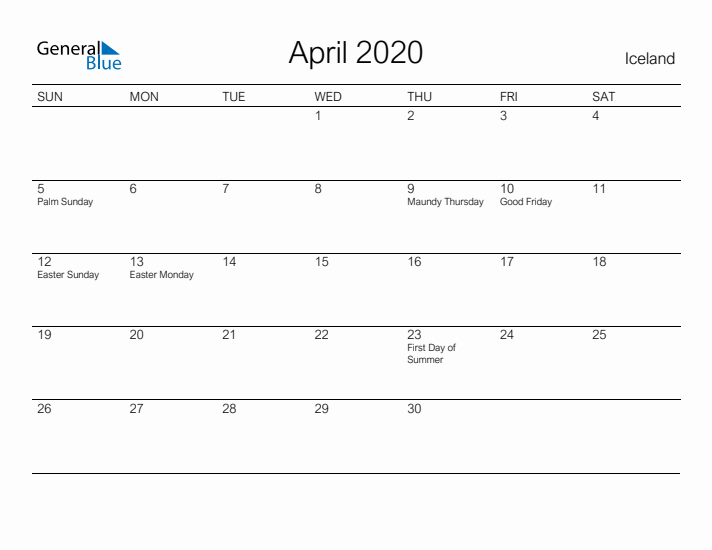 Printable April 2020 Calendar for Iceland