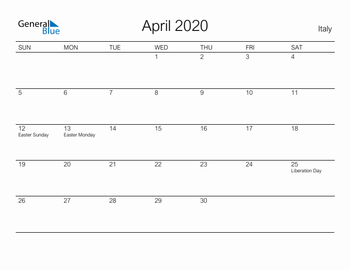 Printable April 2020 Calendar for Italy