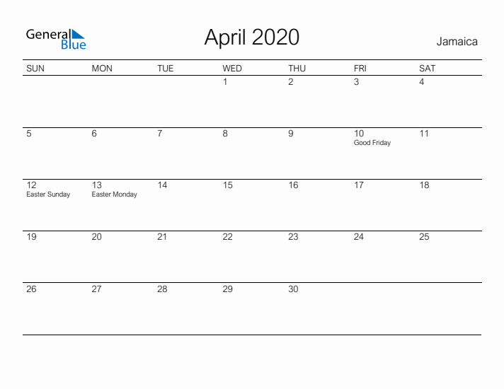 Printable April 2020 Calendar for Jamaica