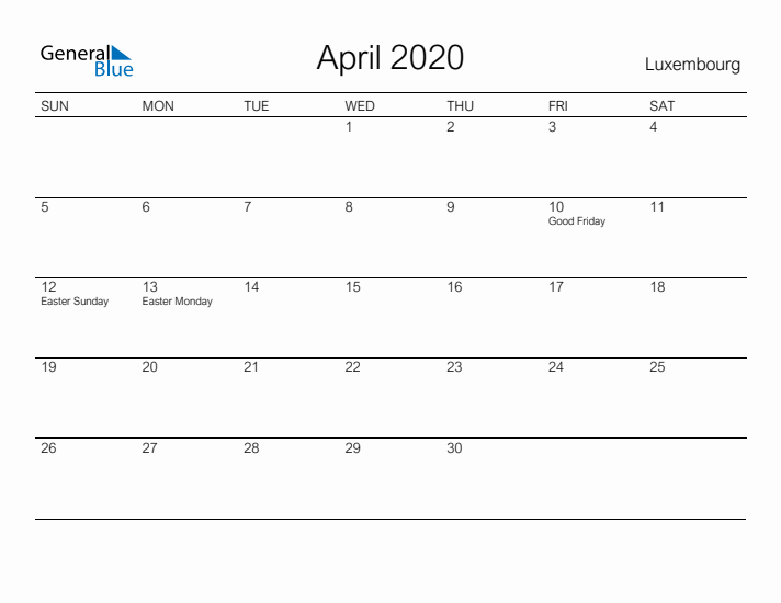 Printable April 2020 Calendar for Luxembourg