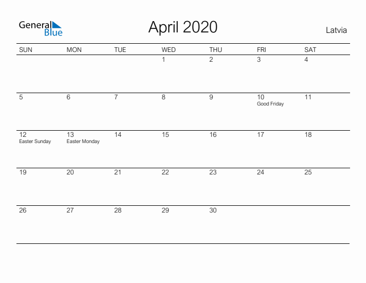 Printable April 2020 Calendar for Latvia