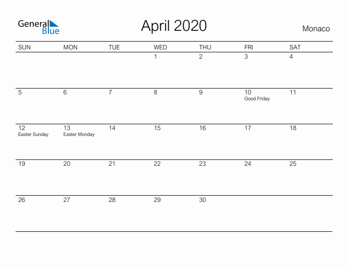 Printable April 2020 Calendar for Monaco