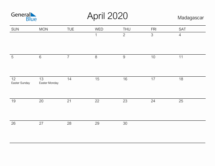 Printable April 2020 Calendar for Madagascar