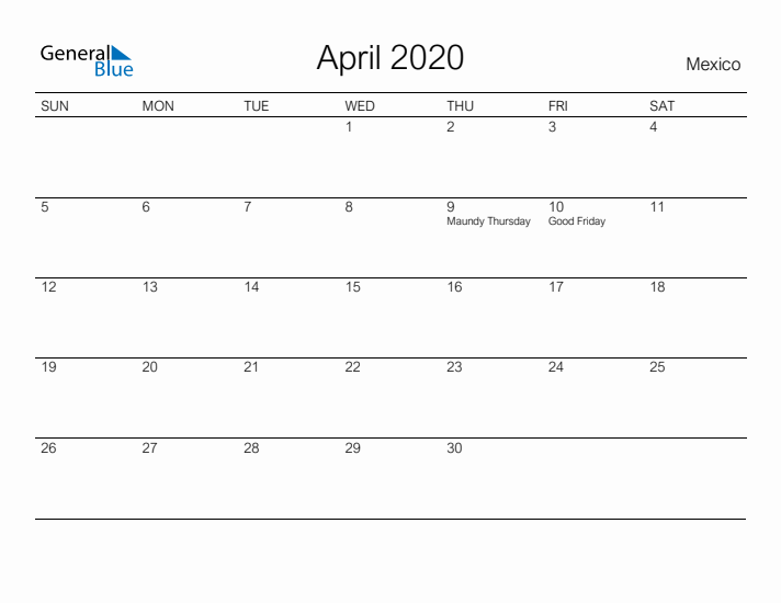 Printable April 2020 Calendar for Mexico