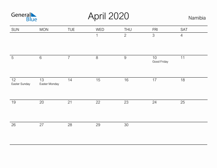 Printable April 2020 Calendar for Namibia