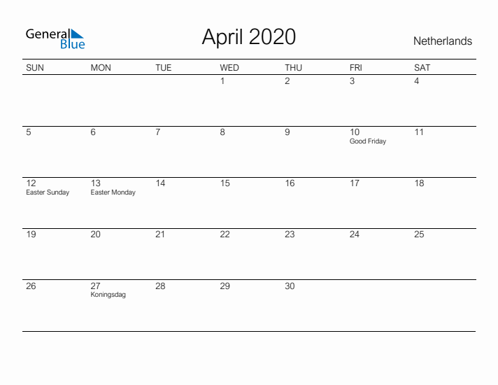 Printable April 2020 Calendar for The Netherlands