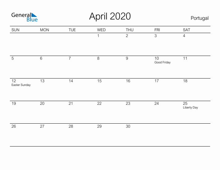 Printable April 2020 Calendar for Portugal