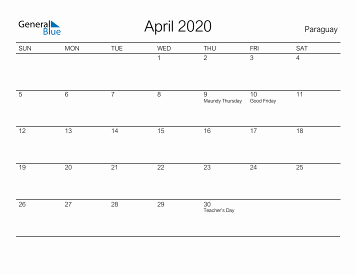 Printable April 2020 Calendar for Paraguay