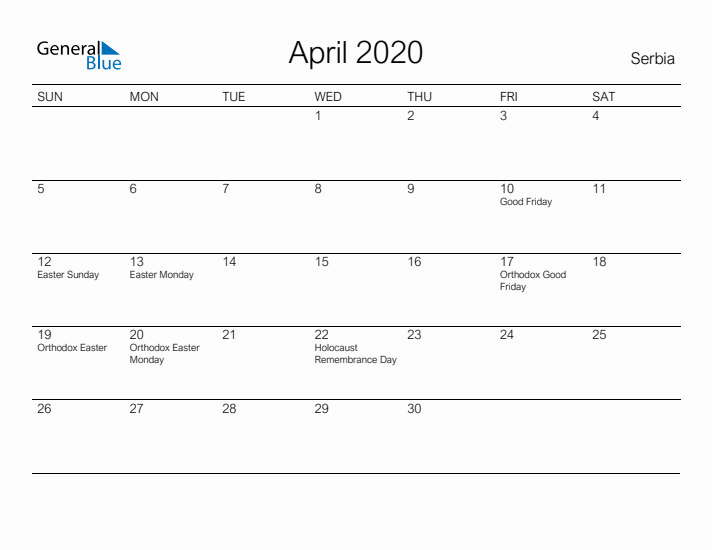 Printable April 2020 Calendar for Serbia