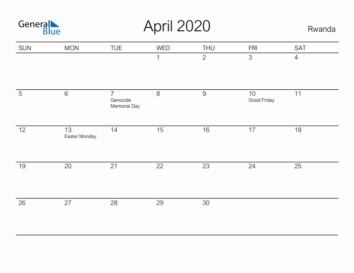 Printable April 2020 Calendar for Rwanda