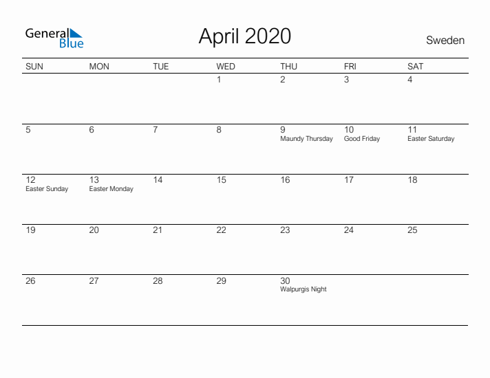 Printable April 2020 Calendar for Sweden