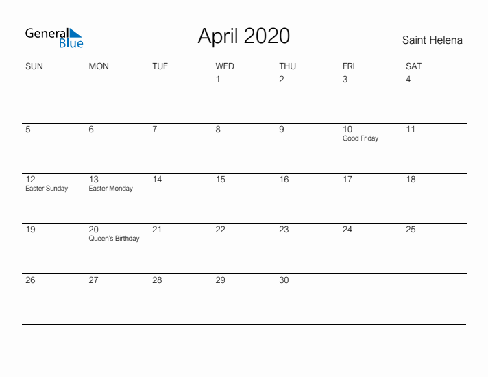 Printable April 2020 Calendar for Saint Helena