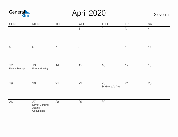 Printable April 2020 Calendar for Slovenia