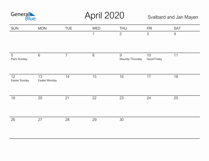 Printable April 2020 Calendar for Svalbard and Jan Mayen