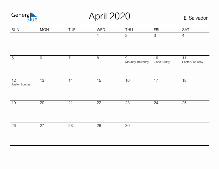 Printable April 2020 Calendar for El Salvador