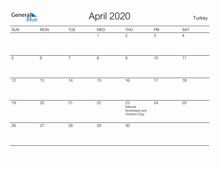 Printable April 2020 Calendar for Turkey