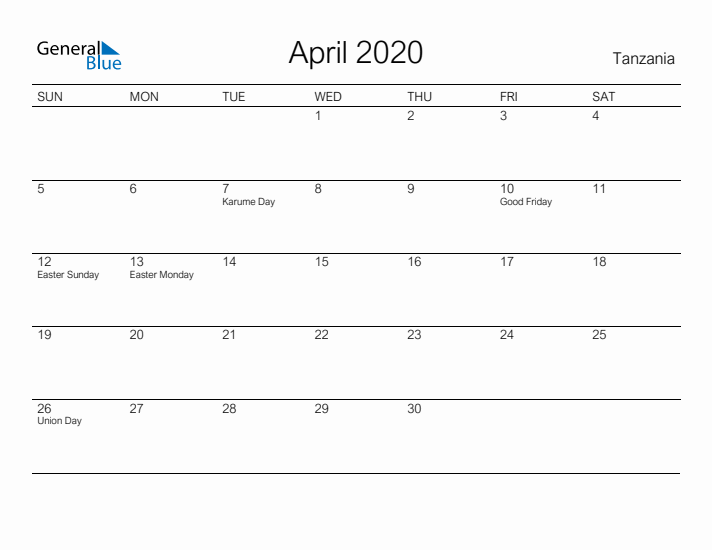 Printable April 2020 Calendar for Tanzania