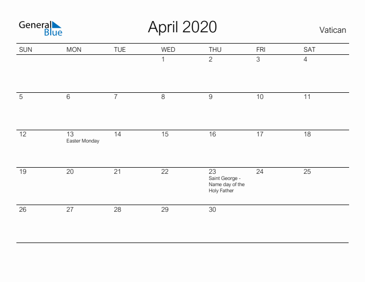 Printable April 2020 Calendar for Vatican