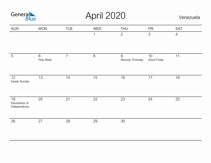 Printable April 2020 Calendar for Venezuela