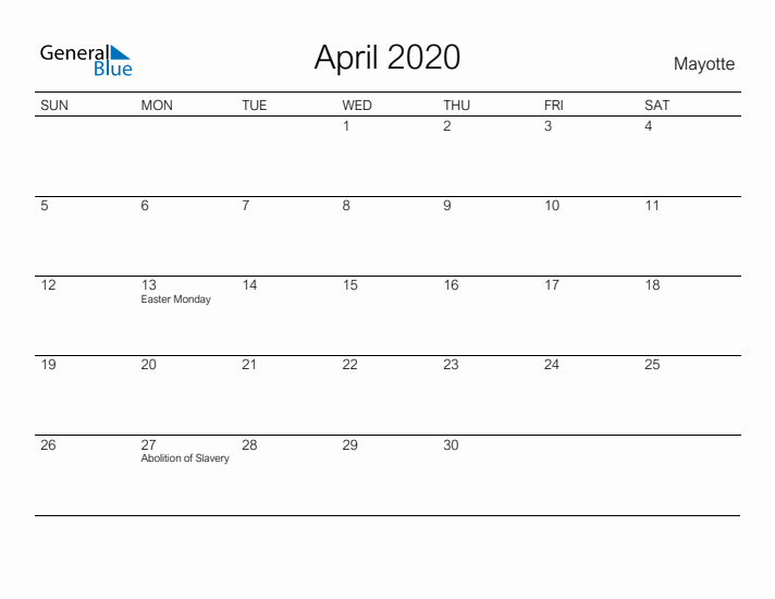 Printable April 2020 Calendar for Mayotte