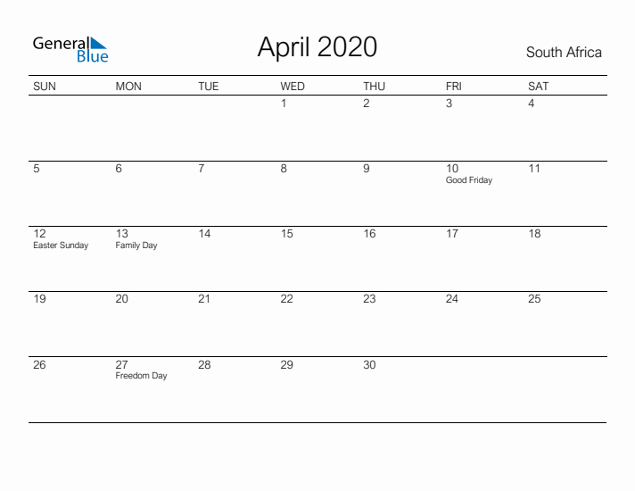 Printable April 2020 Calendar for South Africa