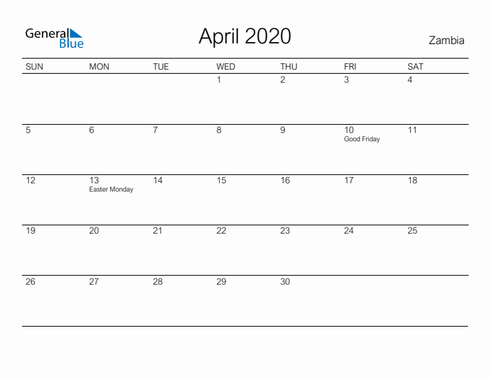 Printable April 2020 Calendar for Zambia