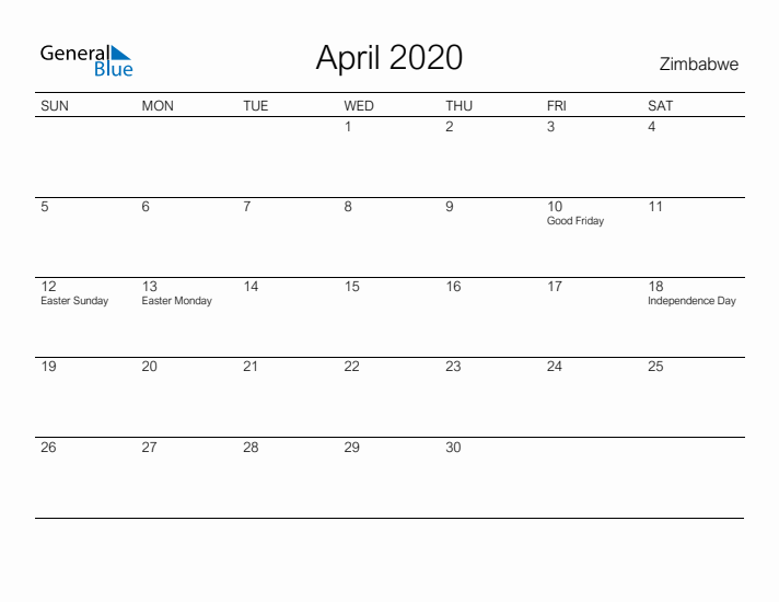 Printable April 2020 Calendar for Zimbabwe