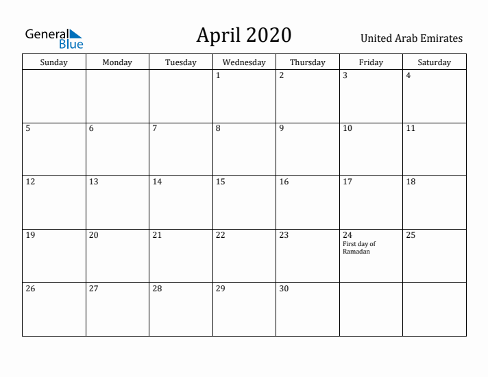 April 2020 Calendar United Arab Emirates