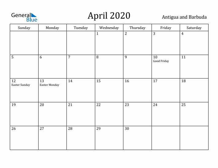 April 2020 Calendar Antigua and Barbuda