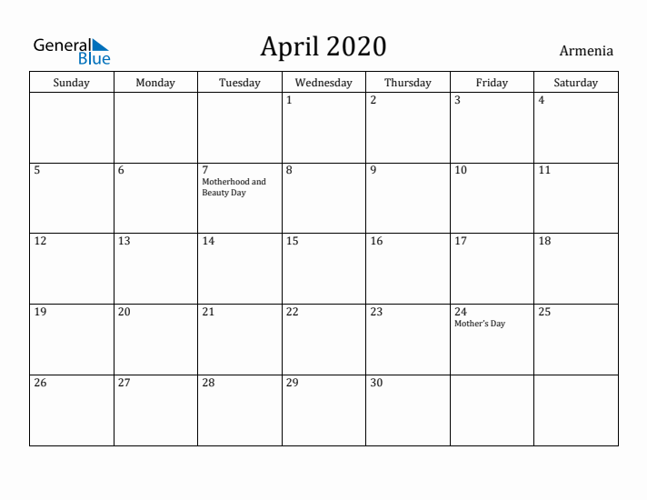 April 2020 Calendar Armenia