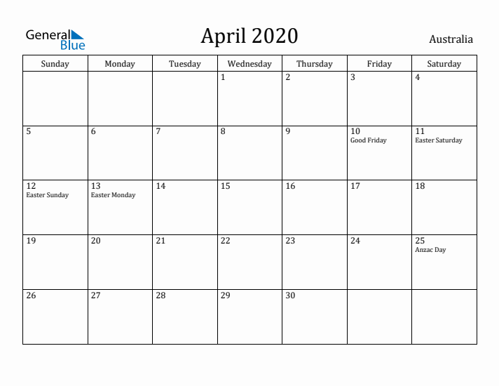 April 2020 Calendar Australia