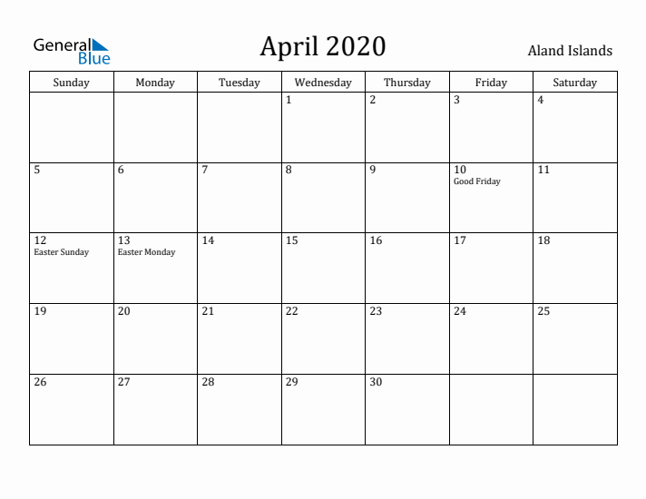 April 2020 Calendar Aland Islands
