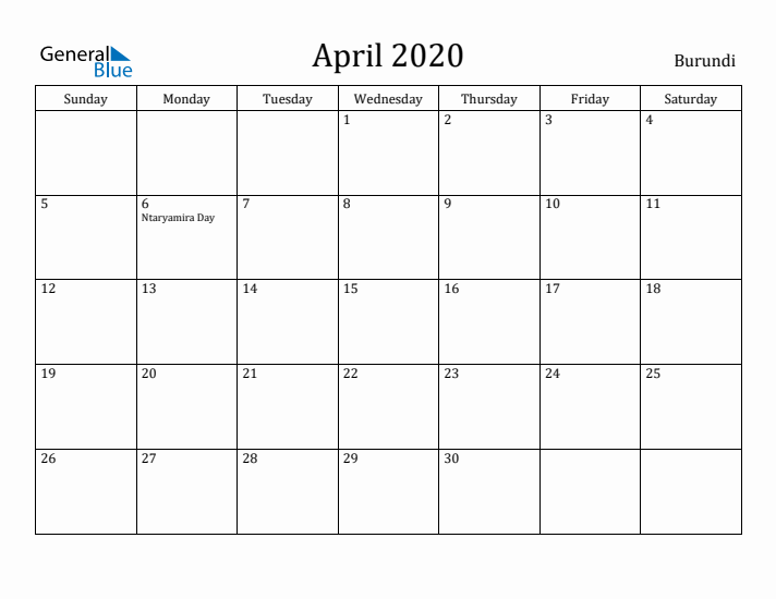 April 2020 Calendar Burundi