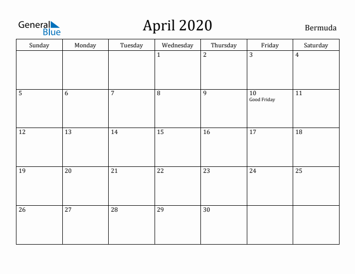 April 2020 Calendar Bermuda
