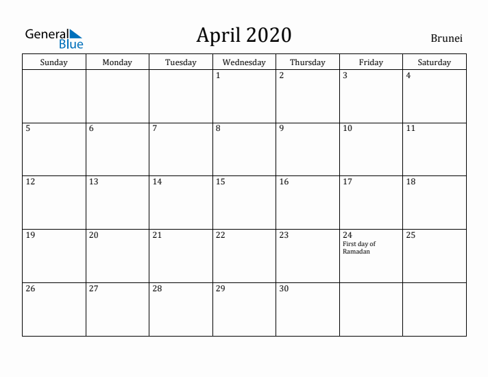 April 2020 Calendar Brunei