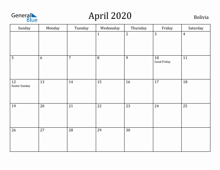 April 2020 Calendar Bolivia