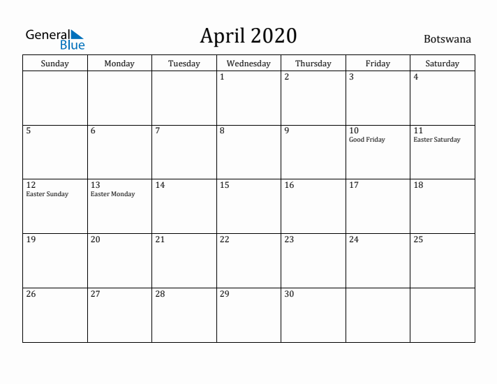 April 2020 Calendar Botswana