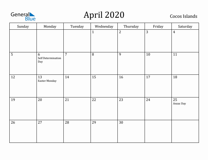 April 2020 Calendar Cocos Islands